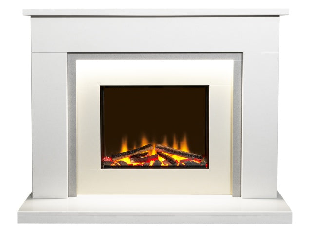 Acantha Milano White & Sparkly Grey Marble Electric Fireplace Suite, 48 Inch