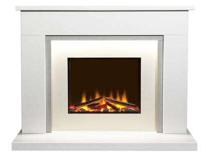 Acantha Milano White & Sparkly Grey Marble Electric Fireplace Suite, 48 Inch