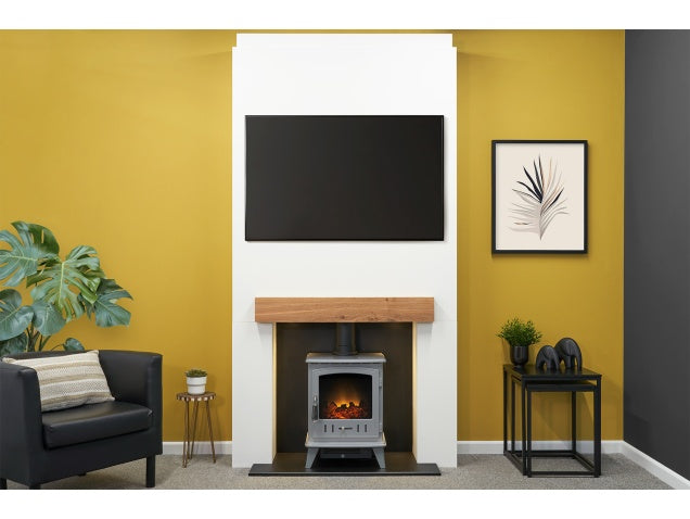 Acantha Pre-Built Stove Media Wall 1 with Aviemore Electric Stove in Grey