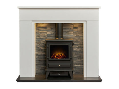Acantha Rimini White Marble Fireplace with Downlights & Hudson Electric Stove in Black, 48 Inch