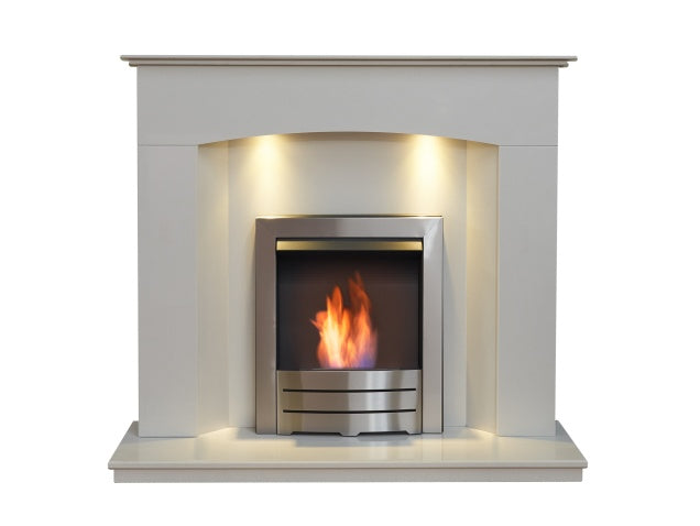 Acantha Tuscon White Marble Fireplace with Downlights & Colorado Bio Ethanol Fire in Brushed Steel, 48 Inch