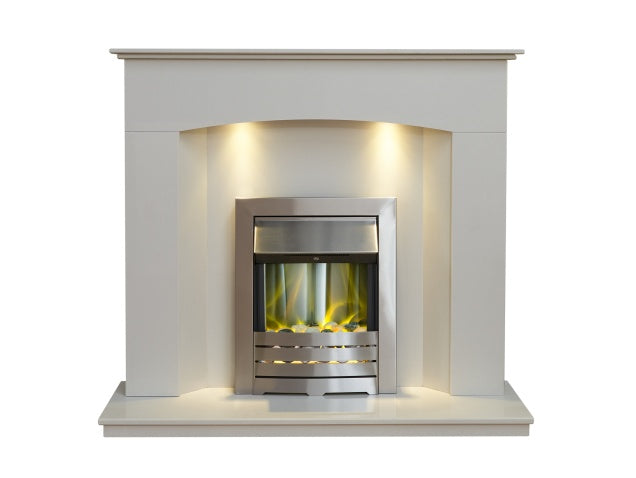 Acantha Tuscon White Marble Fireplace with Downlights & Helios Electric Fire in Brushed Steel, 48 Inch