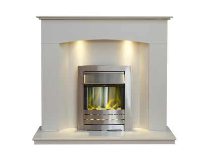Acantha Tuscon White Marble Fireplace with Downlights & Helios Electric Fire in Brushed Steel, 48 Inch