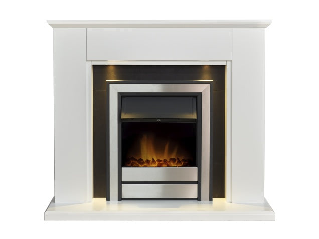 Adam Eltham Fireplace in Pure White & Black with Downlight & Argo Electric Fire in Steel, 45 Inch