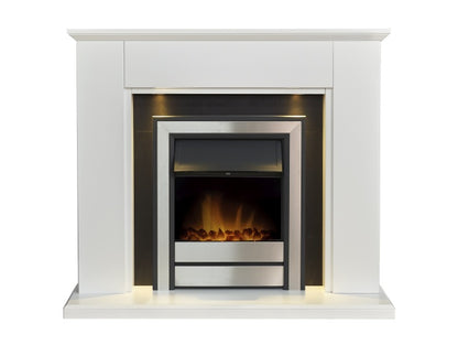 Adam Eltham Fireplace in Pure White & Black with Downlight & Argo Electric Fire in Steel, 45 Inch