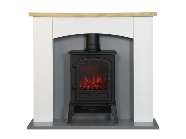Adam Huxley in Pure White & Grey with Sureflame Ripon Electric Stove in Black, 39 Inch