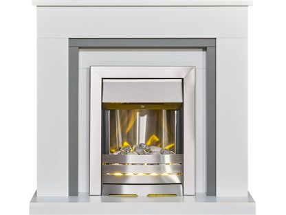 Adam Milan Fireplace in Pure White & Grey with Helios Electric Fire in Brushed Steel, 39 Inch