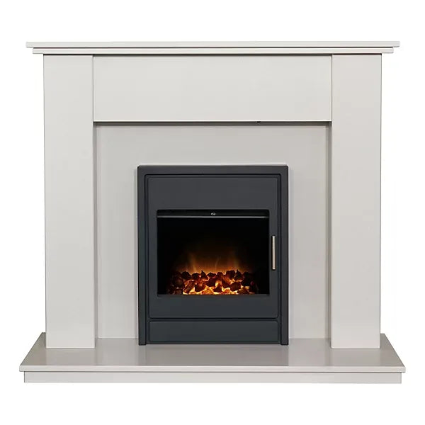 Adam Avila White Marble Fireplace with Alta Electric Inset Stove in Black,