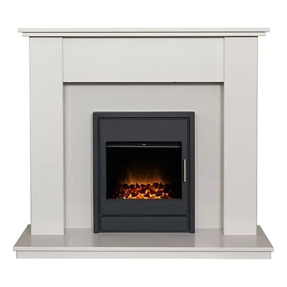 Adam Avila White Marble Fireplace with Alta Electric Inset Stove in Black,