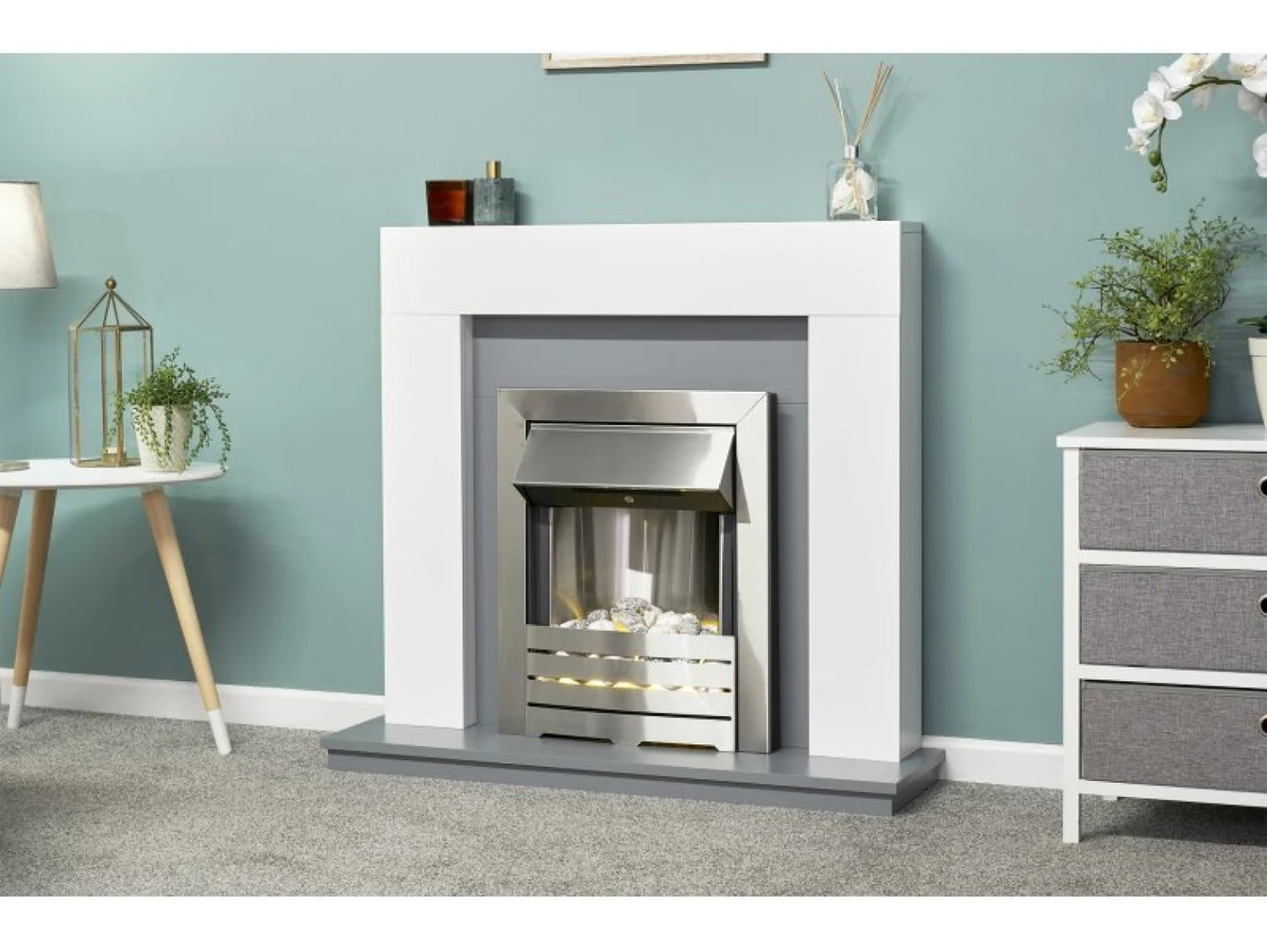 Adam Helios Electric Fire in Brushed Steel