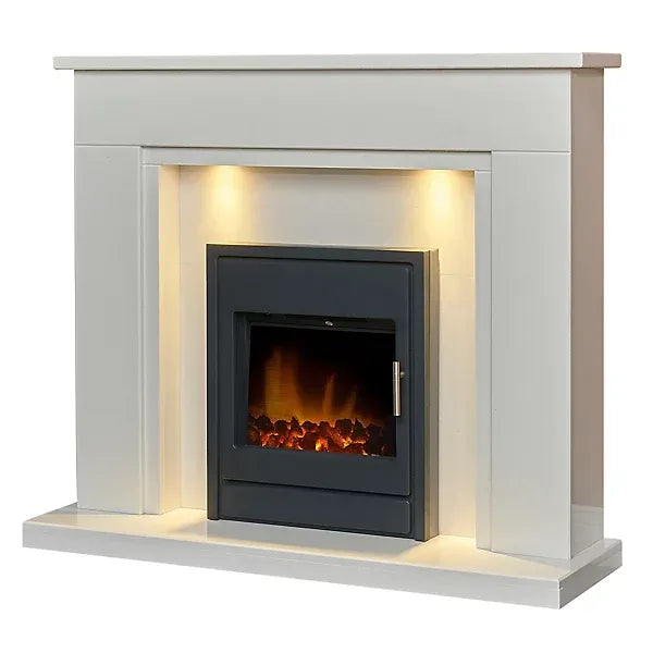 Acantha Maine White Marble Fireplace With Downlights & Alta Electric Inset Stove in Black, 48 inch