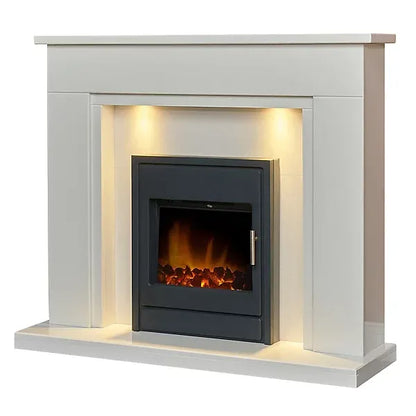 Acantha Maine White Marble Fireplace With Downlights & Alta Electric Inset Stove in Black, 48 inch