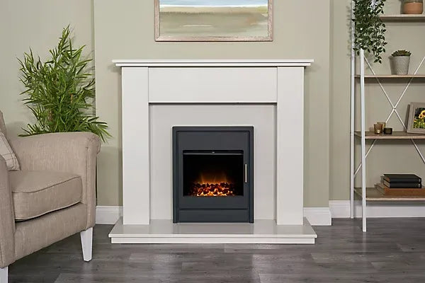Adam Avila White Marble Fireplace with Alta Electric Inset Stove in Black,
