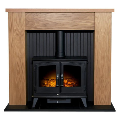 Adam New England Stove Fireplace in Oak & Black with Woodhouse Electric Stove in Black, 48 Inch