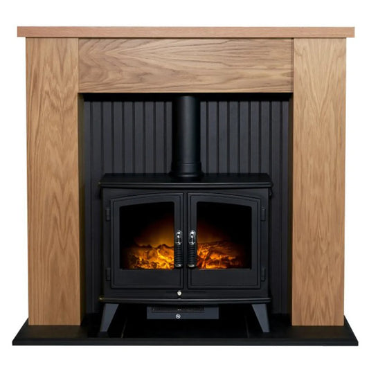 Adam New England Stove Fireplace in Oak &amp; Black with Woodhouse Electric Stove in Black, 48 Inch