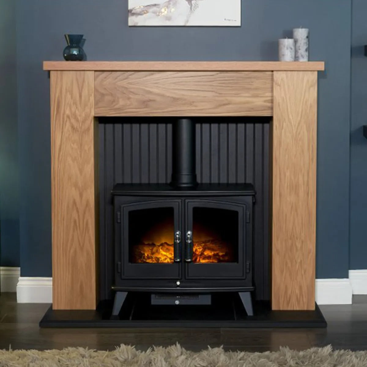 Adam New England Stove Fireplace in Oak & Black with Woodhouse Electric Stove in Black, 48 Inch