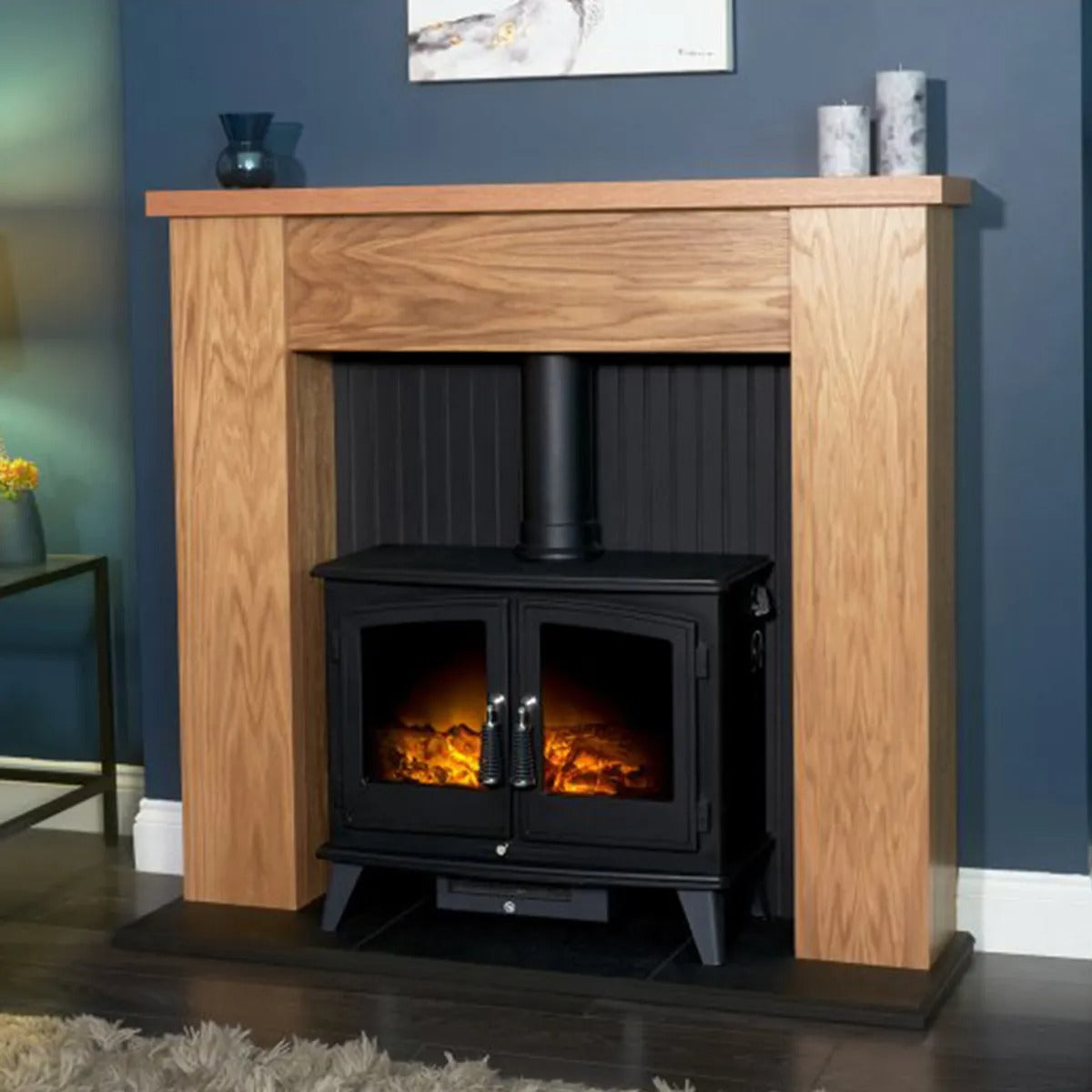 Adam New England Stove Fireplace in Oak & Black with Woodhouse Electric Stove in Black, 48 Inch