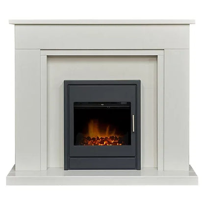 Acantha Maine White Marble Fireplace With Downlights & Alta Electric Inset Stove in Black, 48 inch