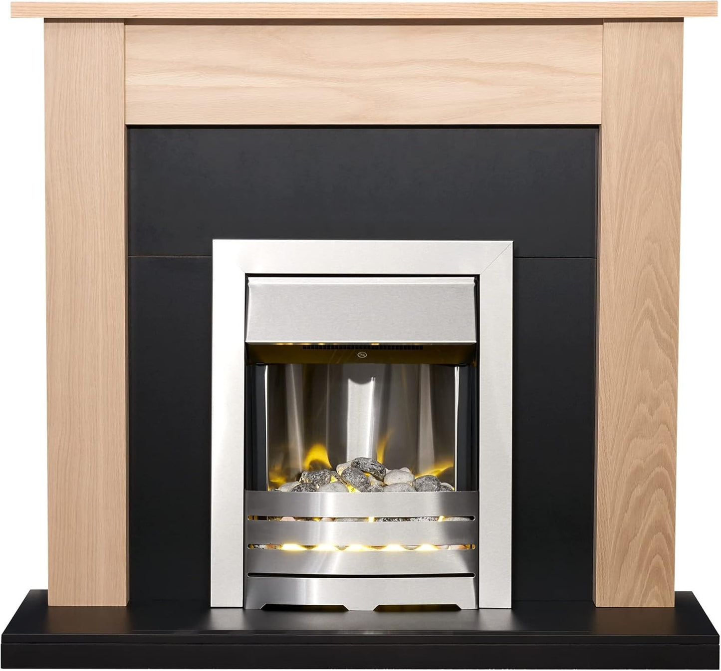 Adam Southwold Fireplace in Oak &amp; Black with Helios Electric Fire in Brushed Steel, 43 Inch