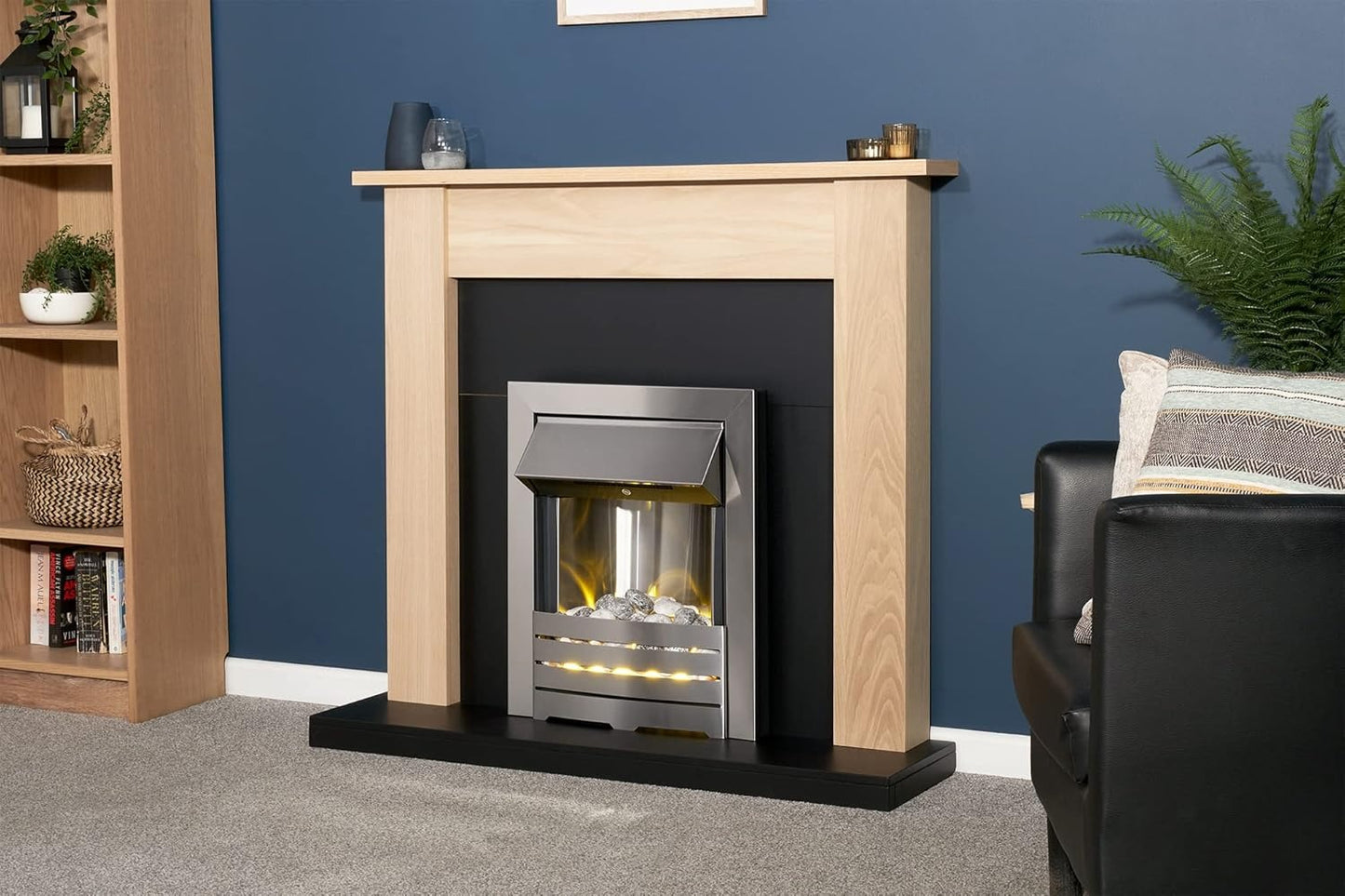 Adam Southwold Fireplace in Oak &amp; Black with Helios Electric Fire in Brushed Steel, 43 Inch