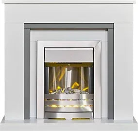 Adam Dakota Fireplace in Pure White &amp; Grey with Helios Electric Fire in Brushed Steel, 39 Inch