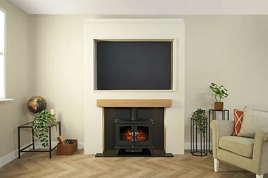 Acantha Pre-Built Stove Media Wall 2 with TV Recess &amp; Woodhouse Electric Stove in Black
