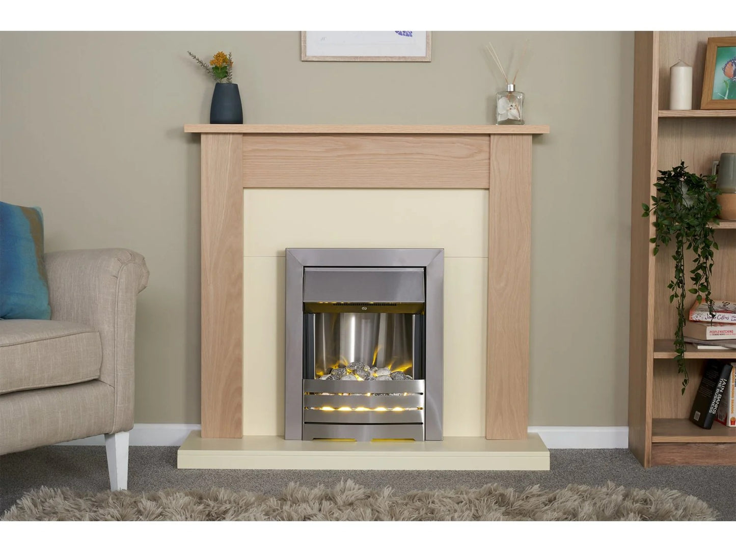 Adam Southwold Fireplace in Oak & Cream with Helios Electric Fire in Brushed Steel, 43 Inch