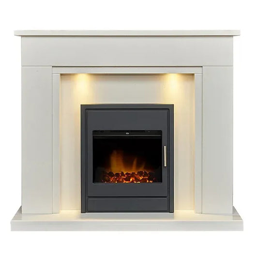 Acantha Maine White Marble Fireplace With Downlights & Alta Electric Inset Stove in Black, 48 inch