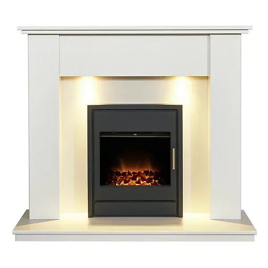 Adam Avila White Marble Fireplace with Alta Electric Inset Stove in Black,