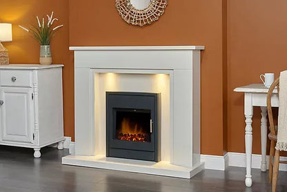 Acantha Maine White Marble Fireplace With Downlights & Alta Electric Inset Stove in Black, 48 inch