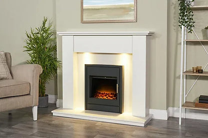Adam Avila White Marble Fireplace with Alta Electric Inset Stove in Black,