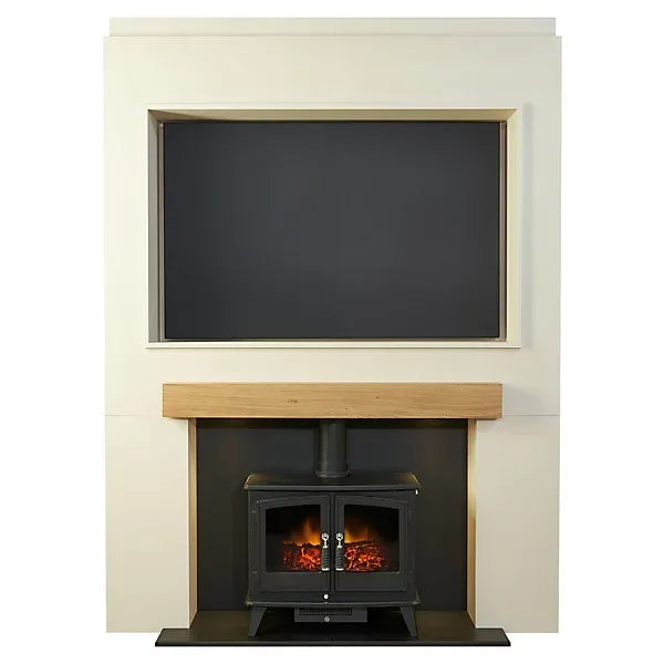 Acantha Pre-Built Stove Media Wall 2 with TV Recess &amp; Woodhouse Electric Stove in Black