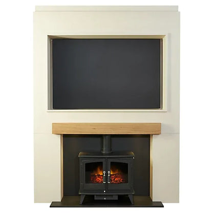 Acantha Pre-Built Stove Media Wall 2 with TV Recess &amp; Woodhouse Electric Stove in Black
